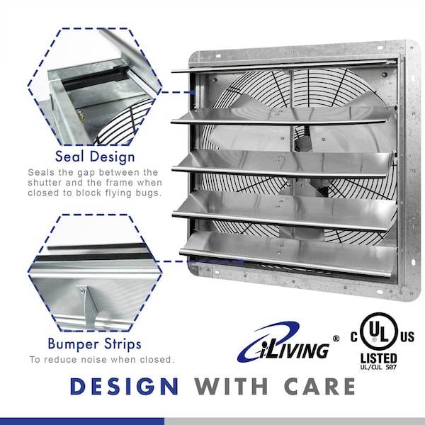 Iliving 20 in. Wall Mounted Shutter Exhaust Fan with Thermostat and Variable Speed controller, 3368 CFM - ILG8SF20V-ST