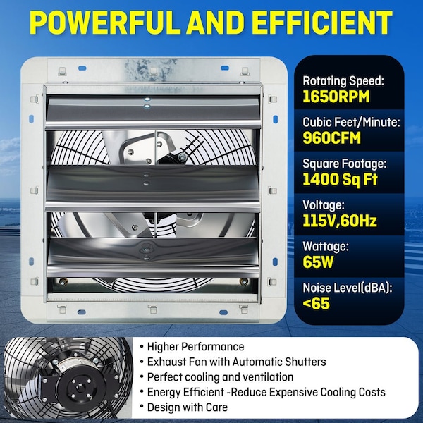 Iliving Silver 12 in. Wall Mounted Shutter Exhaust Fan with Thermospeed Controller, 65-Watt, 960 CFM - ILG8SF12V-ST