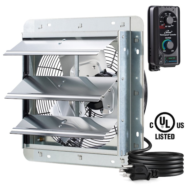 Iliving Silver 12 in. Wall Mounted Shutter Exhaust Fan with Thermospeed Controller, 65-Watt, 960 CFM - ILG8SF12V-ST