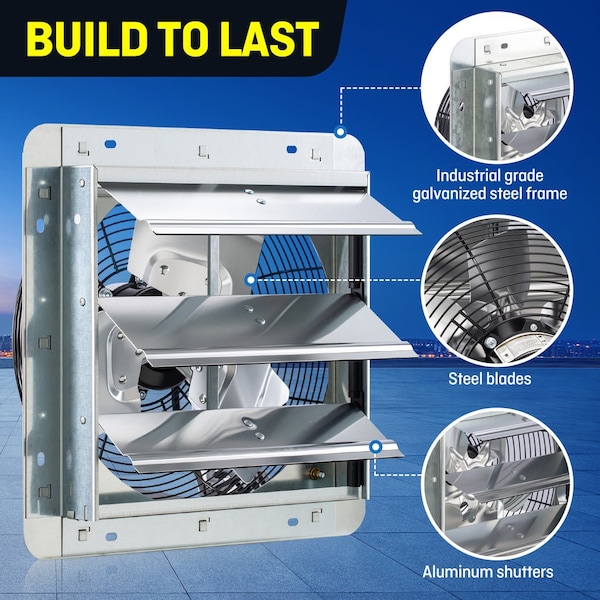 Iliving Silver 12 in. Wall Mounted Shutter Exhaust Fan with Thermospeed Controller, 65-Watt, 960 CFM - ILG8SF12V-ST