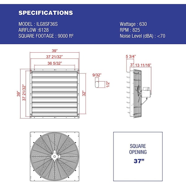 Iliving Silver 6128 CFM 36 in. Electric Powered Gable Mount Shutter Fan/Vent - ILG8SF36S