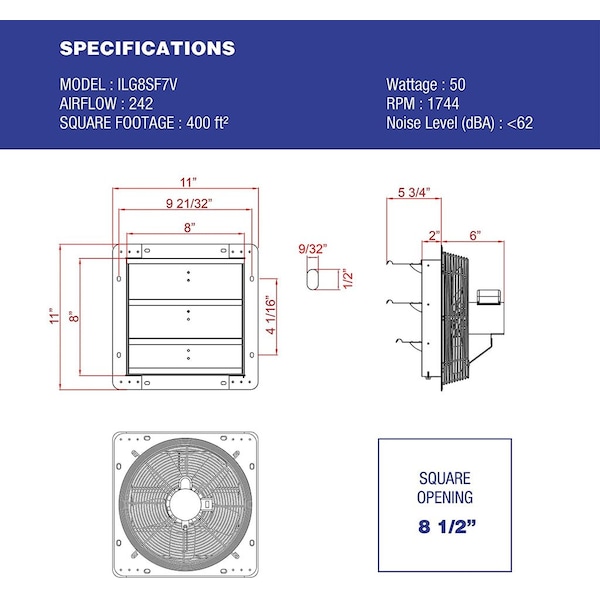 Iliving Silver 7 in. 242 CFM Wall-Mounted Variable Speed Shutter Exhaust Fan Crawl Space Ventilator - ILG8SF7V