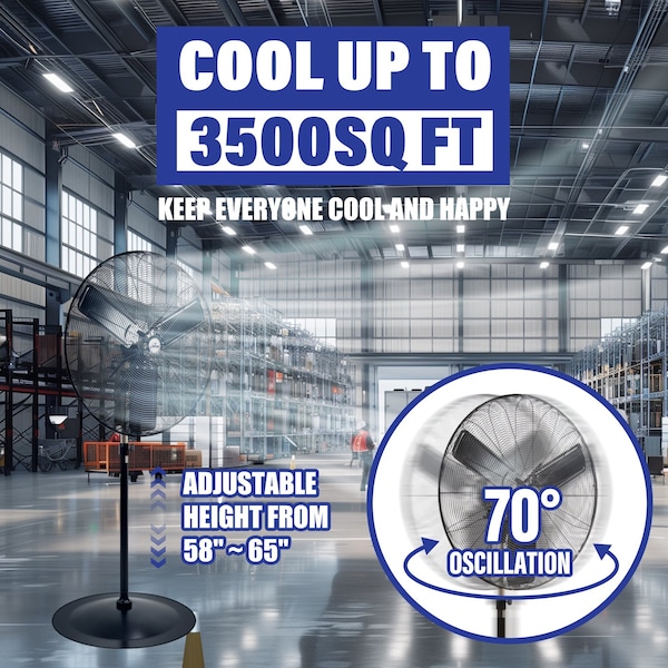Iliving Adjustable Height Pedestal Fan, 30 in Blade Dia, 120V, 8400 cfm, Oscillating, Metal, Black - ILG8P31-93