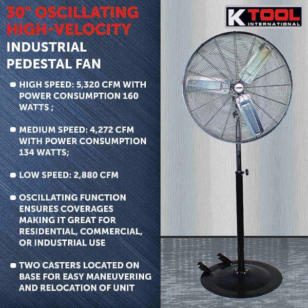 K-Tool International 30" Oscillating Pedestal Industrial Fan - KTI77734