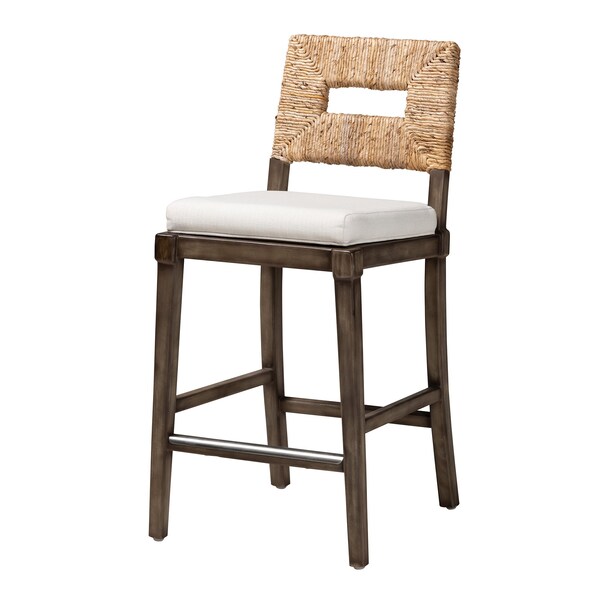 Baxton Studio Porsha Modern Bohemian Dark Brown Finished Mahogany Wood and Natural Rattan Counter Stool - 228-13104-ZORO