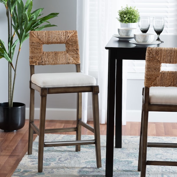Baxton Studio Porsha Modern Bohemian Dark Brown Finished Mahogany Wood and Natural Rattan Counter Stool - 228-13104-ZORO