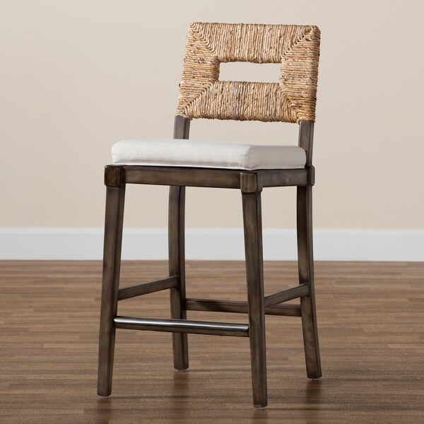 Baxton Studio Porsha Modern Bohemian Dark Brown Finished Mahogany Wood and Natural Rattan Counter Stool - 228-13104-ZORO