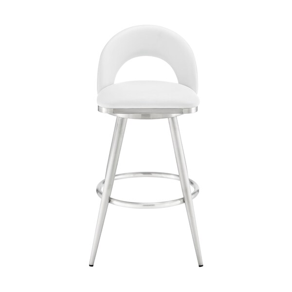 Armen Living Lottech Swivel Counter Stool in Brushed Stainless Steel with White Faux Leather - 840254335370