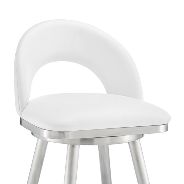 Armen Living Lottech Swivel Counter Stool in Brushed Stainless Steel with White Faux Leather - 840254335370
