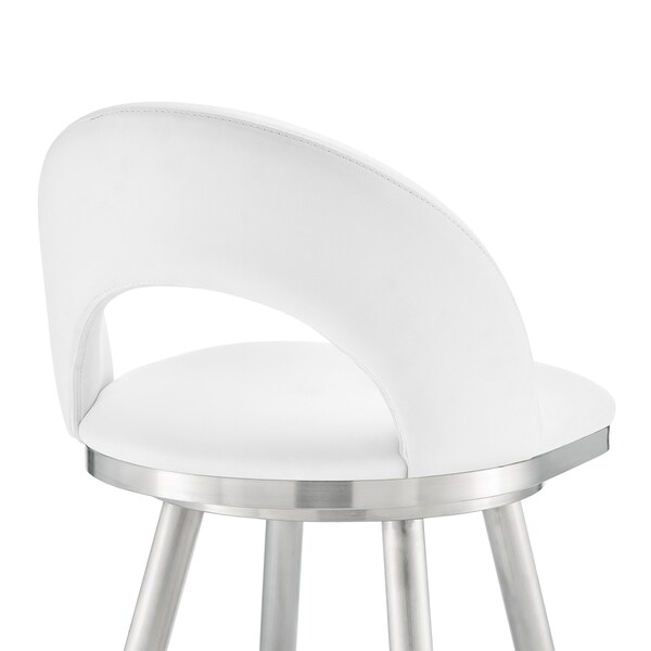 Armen Living Lottech Swivel Counter Stool in Brushed Stainless Steel with White Faux Leather - 840254335370