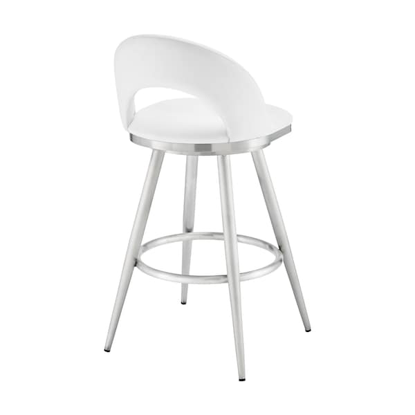 Armen Living Lottech Swivel Counter Stool in Brushed Stainless Steel with White Faux Leather - 840254335370