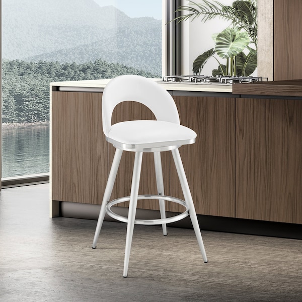 Armen Living Lottech Swivel Counter Stool in Brushed Stainless Steel with White Faux Leather - 840254335370