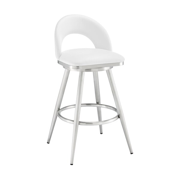 Armen Living Lottech Swivel Counter Stool in Brushed Stainless Steel with White Faux Leather - 840254335370