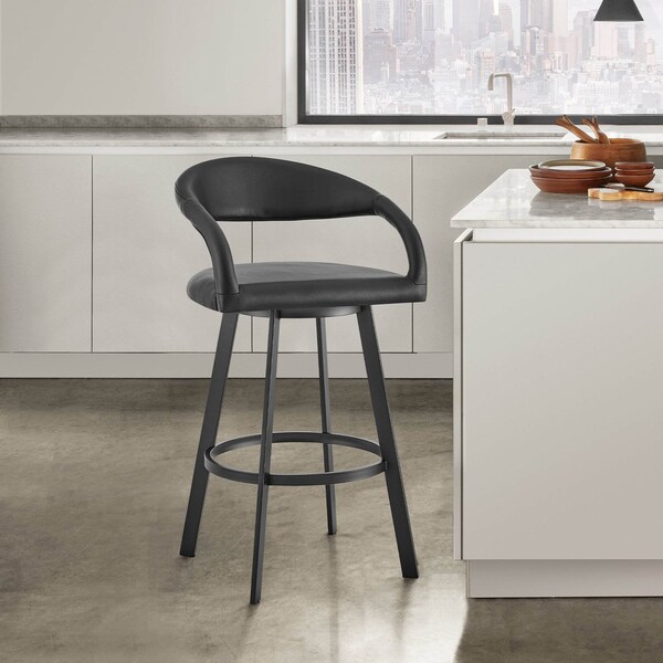 Armen Living Ramona 26in Swivel Counter Stool with Matte Black Iron and Black Faux Leather - LCRASWBABLK26