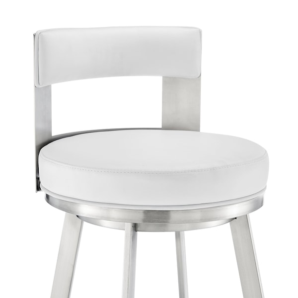 Armen Living Lynof Swivel Counter Stool in Brushed Stainless Steel with White Faux Leather - 840254335486