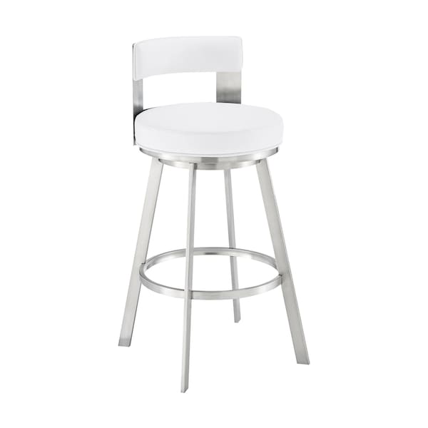 Armen Living Lynof Swivel Counter Stool in Brushed Stainless Steel with White Faux Leather - 840254335486
