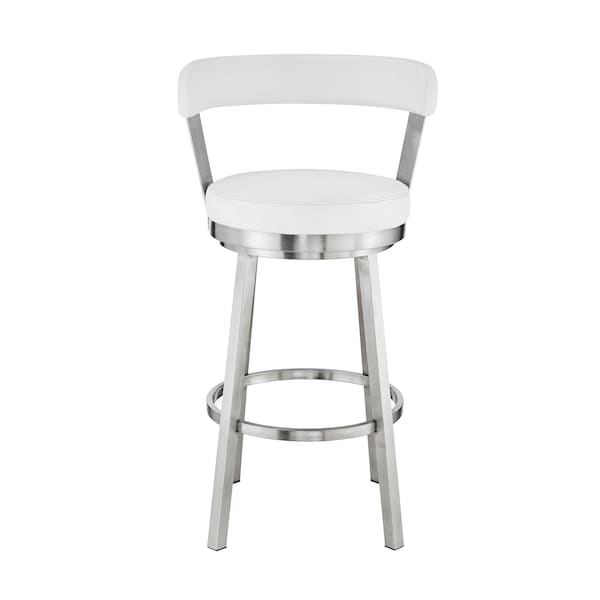 Armen Living Kobe 26" Counter Height Swivel Bar Stool in Brushed Stainless Steel Finish and White Faux Leather - 721535761821