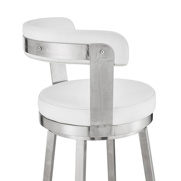 Armen Living Kobe 26" Counter Height Swivel Bar Stool in Brushed Stainless Steel Finish and White Faux Leather - 721535761821