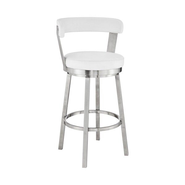 Armen Living Kobe 26" Counter Height Swivel Bar Stool in Brushed Stainless Steel Finish and White Faux Leather - 721535761821