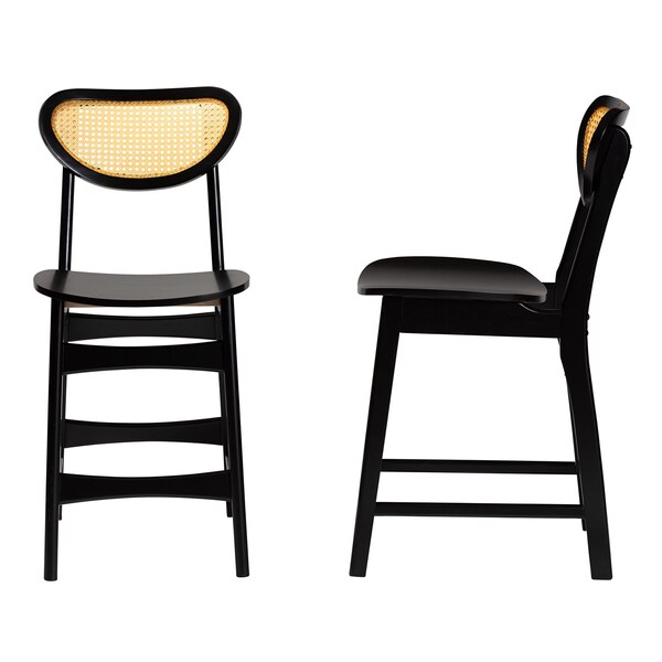 Baxton Studio Hesper Mid-Century Modern Dark Brown Finished Wood and Rattan 2-Piece Counter Stool Set, PR - 239-2PC-13416-ZORO