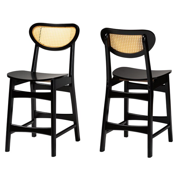 Baxton Studio Hesper Mid-Century Modern Dark Brown Finished Wood and Rattan 2-Piece Counter Stool Set, PR - 239-2PC-13416-ZORO
