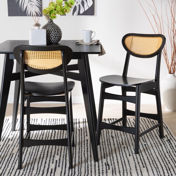 Baxton Studio Hesper Mid-Century Modern Dark Brown Finished Wood and Rattan 2-Piece Counter Stool Set, PR - 239-2PC-13416-ZORO