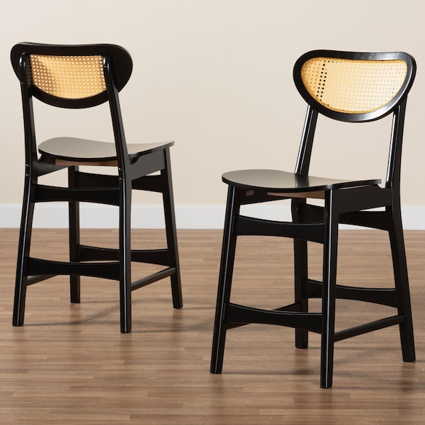 Baxton Studio Hesper Mid-Century Modern Dark Brown Finished Wood and Rattan 2-Piece Counter Stool Set, PR - 239-2PC-13416-ZORO