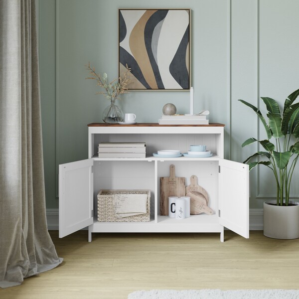 Flash Furniture Mayfield 40in. Buffet and Sideboard w/Dbl Door Storage Cabinet and Open Storage Shelf, Wht w/Walnut - NAN-F-HY-B23108-WHWAL-GG