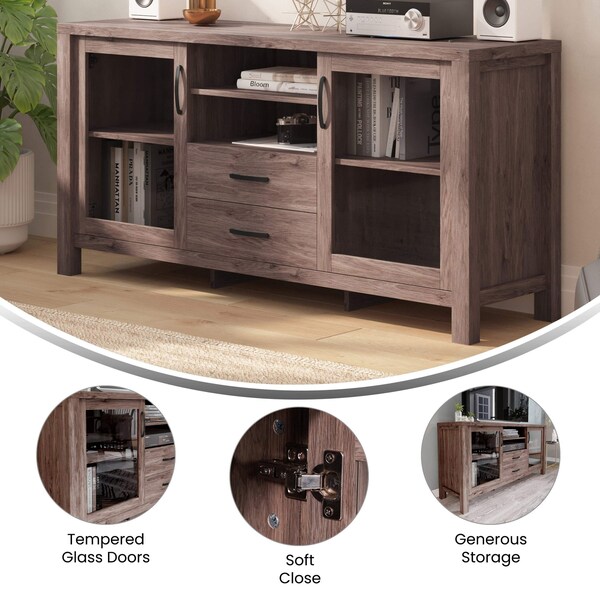 Flash Furniture Dion Brown 59 Inch Kitchen and Dining Room Buffet Sideboard Storage Cabinet, 2 Drawers, Open Shelf - EV-CA7515-ZZ-BR-GG
