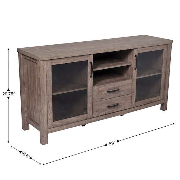 Flash Furniture Dion Brown 59 Inch Kitchen and Dining Room Buffet Sideboard Storage Cabinet, 2 Drawers, Open Shelf - EV-CA7515-ZZ-BR-GG