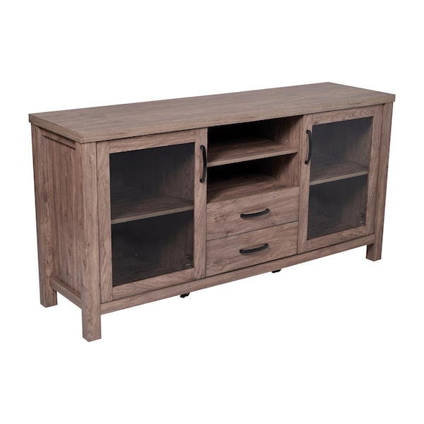 Flash Furniture Dion Brown 59 Inch Kitchen and Dining Room Buffet Sideboard Storage Cabinet, 2 Drawers, Open Shelf - EV-CA7515-ZZ-BR-GG