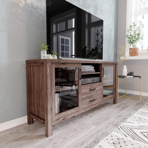 Flash Furniture Dion Brown 59 Inch Kitchen and Dining Room Buffet Sideboard Storage Cabinet, 2 Drawers, Open Shelf - EV-CA7515-ZZ-BR-GG