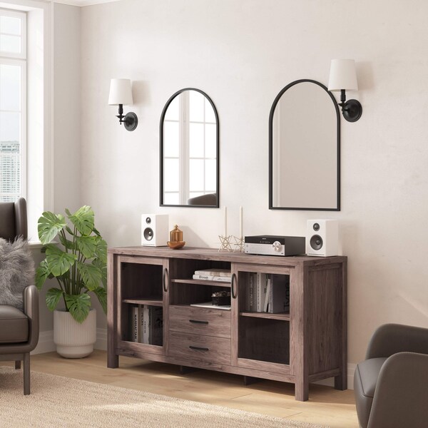 Flash Furniture Dion Brown 59 Inch Kitchen and Dining Room Buffet Sideboard Storage Cabinet, 2 Drawers, Open Shelf - EV-CA7515-ZZ-BR-GG