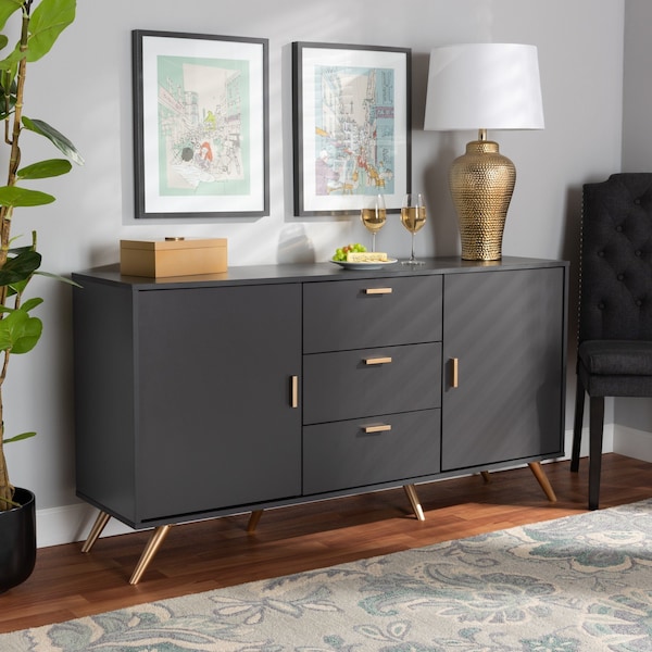 Baxton Studio Kelson Modern and Contemporary Dark Grey and Gold Finished Wood 2-Door Sideboard Buffet - 189-11577-ZORO
