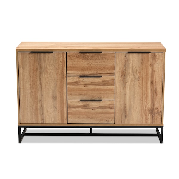 Baxton Studio Reid Oak Finished Wood and Black Metal 3-Drawer Sideboard Buffet - 162-10295