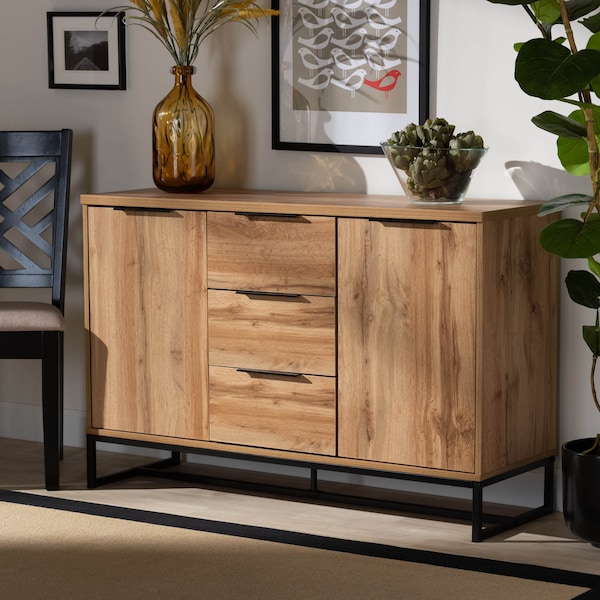Baxton Studio Reid Oak Finished Wood and Black Metal 3-Drawer Sideboard Buffet - 162-10295