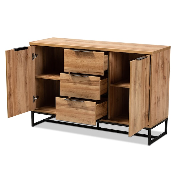 Baxton Studio Reid Oak Finished Wood and Black Metal 3-Drawer Sideboard Buffet - 162-10295