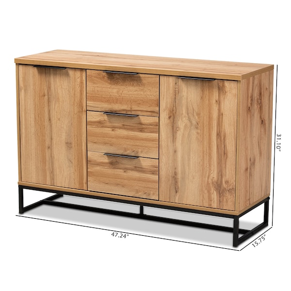 Baxton Studio Reid Oak Finished Wood and Black Metal 3-Drawer Sideboard Buffet - 162-10295