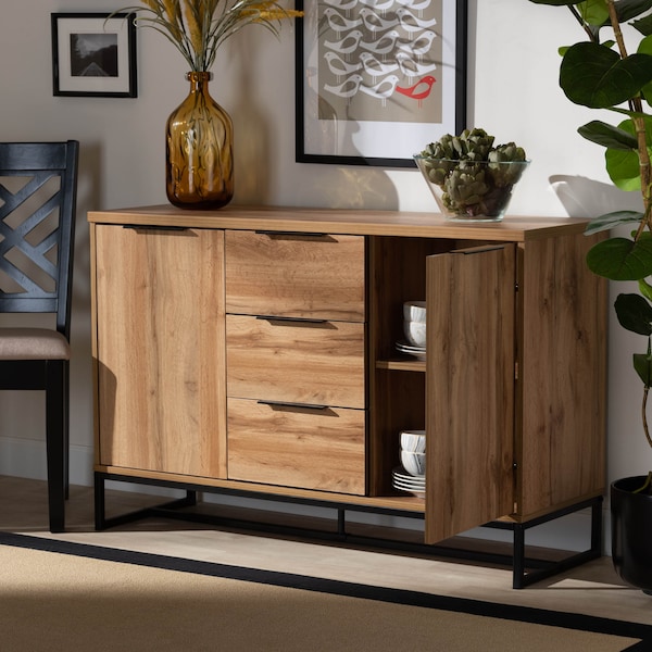 Baxton Studio Reid Oak Finished Wood and Black Metal 3-Drawer Sideboard Buffet - 162-10295