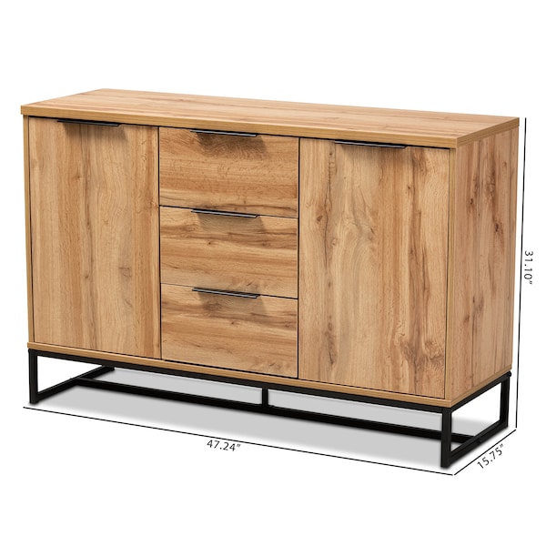 Baxton Studio Reid Oak Finished Wood and Black Metal 3-Drawer Sideboard Buffet - 162-10295