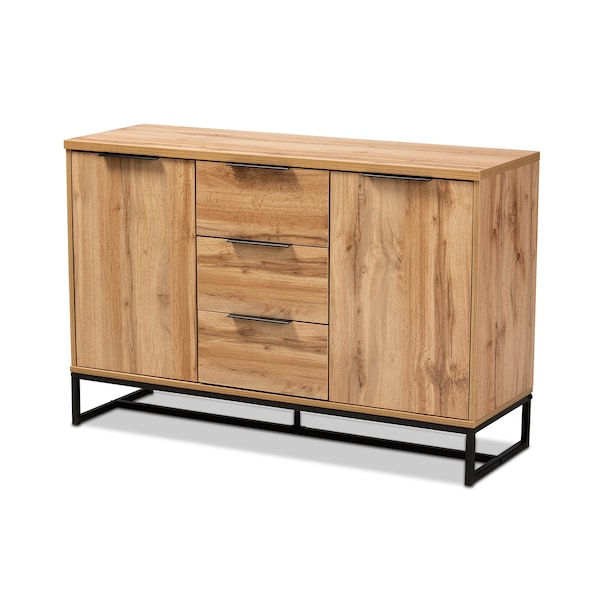 Baxton Studio Reid Oak Finished Wood and Black Metal 3-Drawer Sideboard Buffet - 162-10295