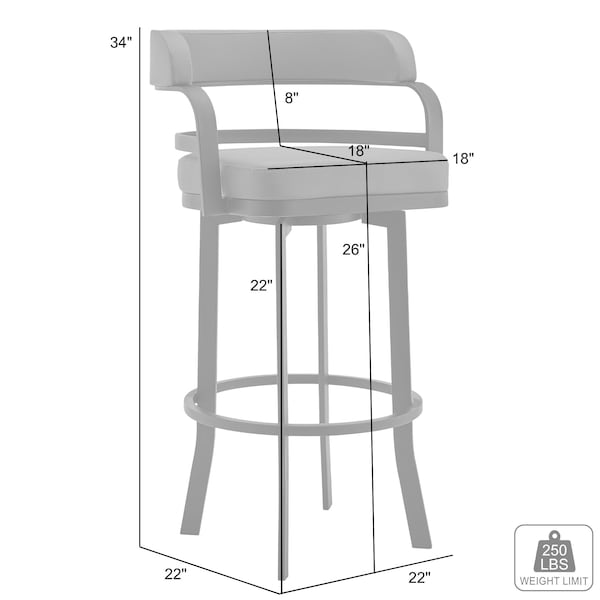 Armen Living Prinz 26" Counter Height Swivel Gray Faux Leather and Brushed Stainless Steel Bar Stool - LCPRBAGRBS26