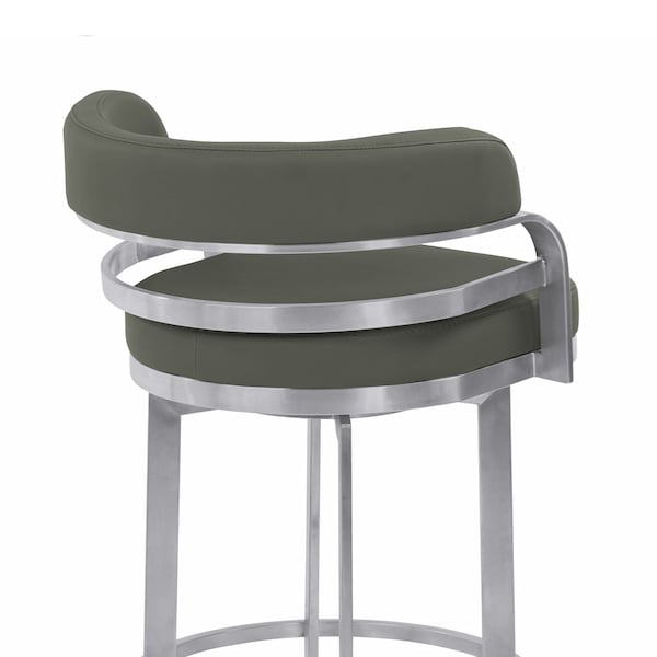 Armen Living Prinz 26" Counter Height Swivel Gray Faux Leather and Brushed Stainless Steel Bar Stool - LCPRBAGRBS26