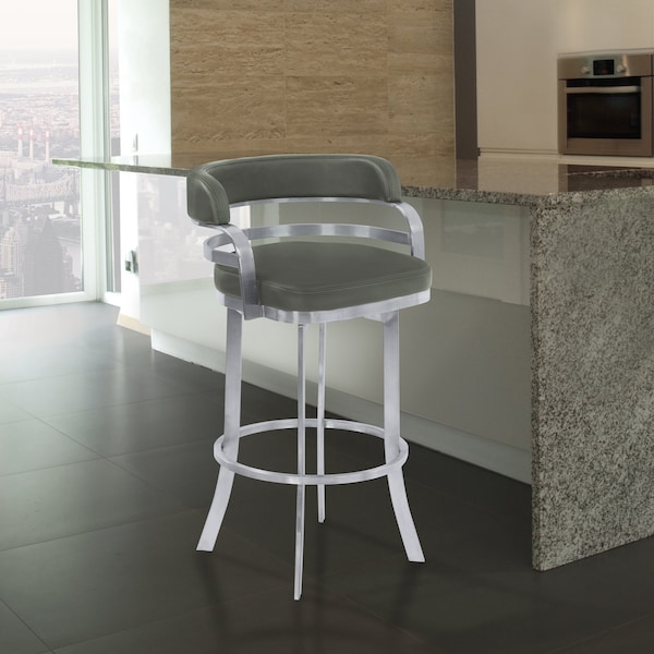 Armen Living Prinz 26" Counter Height Swivel Gray Faux Leather and Brushed Stainless Steel Bar Stool - LCPRBAGRBS26