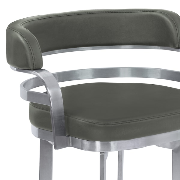 Armen Living Prinz 26" Counter Height Swivel Gray Faux Leather and Brushed Stainless Steel Bar Stool - LCPRBAGRBS26