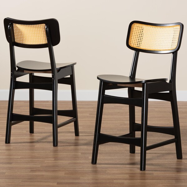 Baxton Studio Tafari Mid-Century Modern Dark Brown Finished Wood and Rattan 2-Piece Counter Stool Set, PR - 239-2PC-13419-ZORO
