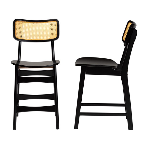 Baxton Studio Tafari Mid-Century Modern Dark Brown Finished Wood and Rattan 2-Piece Counter Stool Set, PR - 239-2PC-13419-ZORO