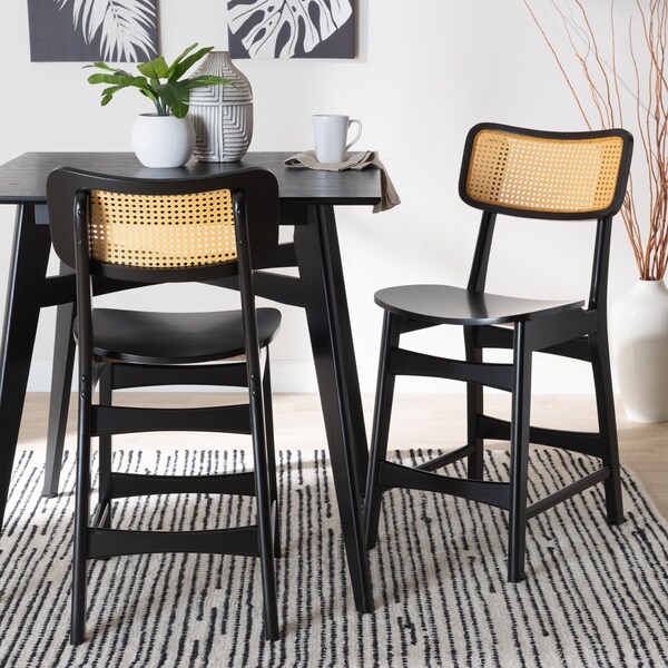 Baxton Studio Tafari Mid-Century Modern Dark Brown Finished Wood and Rattan 2-Piece Counter Stool Set, PR - 239-2PC-13419-ZORO