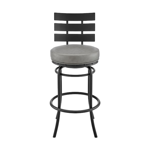 Armen Living Natya Swivel Counter or Bar Stool in Black Finish with Gray Faux Leather - 840254333642