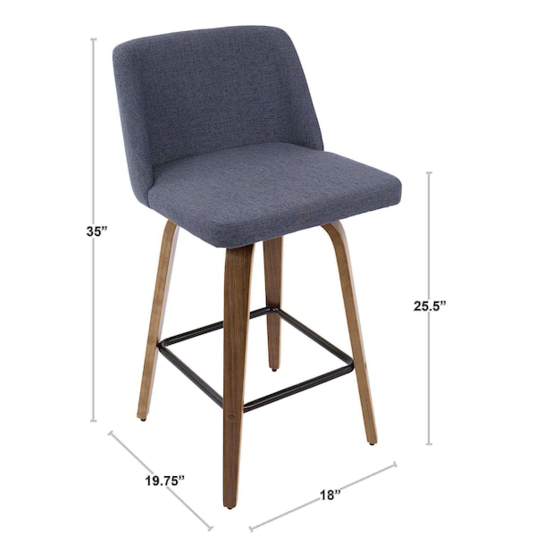 Lumisource Toriano Counter Stool in Walnut and Blue Fabric, PK 2 - B26-TRNO2X WLBU2